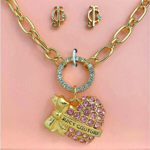 Juicy Couture Gold-Tone Pink Rhinestones Heart Charm Necklace & JC Earrings Set